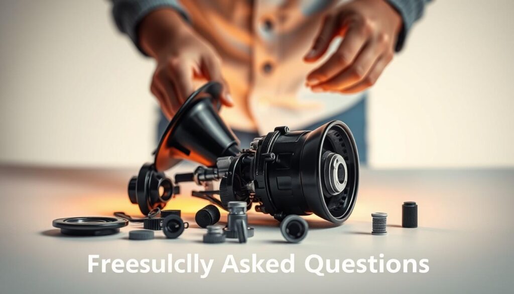 A detailed, step-by-step guide to replacing a car horn, presented against a clean, minimalist background. The foreground features a disassembled car horn mechanism, its components neatly arranged on a surface, illuminated by soft, warm lighting. The middle ground shows a pair of anonymous hands skillfully working on the components, demonstrating the replacement process. The background maintains a subtle, out-of-focus perspective, emphasizing the technical focus of the image. The overall mood is one of instructional clarity and practical guidance, suitable for the "Frequently Asked Questions" section of the DIY article.