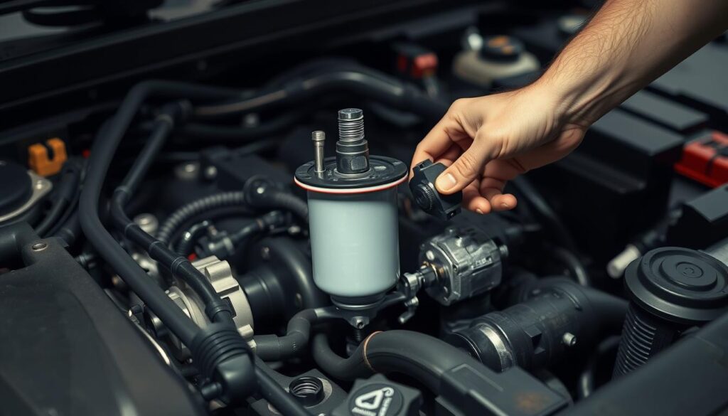 A detailed, step-by-step image of a fuel filter replacement procedure in a modern car engine bay. The scene is well-lit, with soft directional lighting illuminating the engine components. The fuel filter is prominently featured in the center of the frame, partially disassembled, with tools and replacement parts visible. The mechanic's hands are clearly visible, but their face is obscured. The background showcases the clean, organized engine bay, with other related parts and tools in the periphery. The overall mood is one of a focused, technical process with a sense of care and precision.