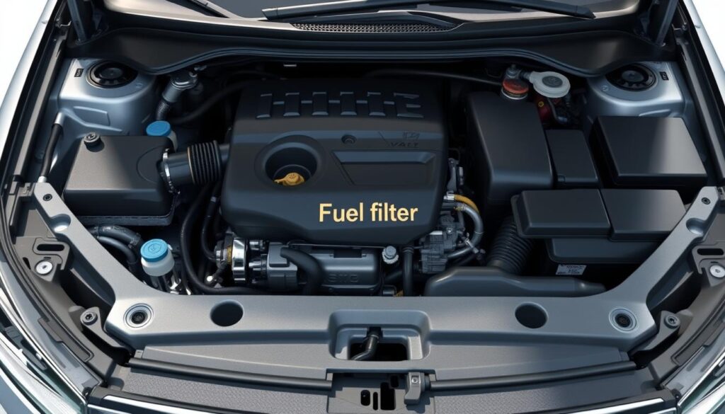 A detailed, technical diagram of the engine bay of a mid-size sedan, showcasing the location of the fuel filter. The engine and surrounding components are clearly visible, with the fuel filter highlighted and emphasized in the center of the frame. The lighting is bright and evenly distributed, casting subtle shadows that enhance the 3D depth and texture of the engine components. The angle is slightly elevated, providing a clear, unobstructed view of the fuel filter's position relative to the other parts. The overall mood is informative and educational, conveying a sense of technical precision and instructional value suitable for a DIY guide.