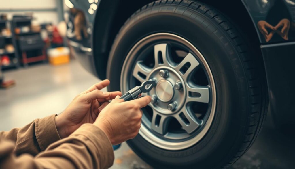 A detailed tutorial for changing a flat tire on a car, with a person's hands and tools in the foreground, a mid-ground view of the vehicle with the spare tire, and a blurred background of a workshop or garage. Soft, warm lighting illuminates the scene, creating a helpful and instructional atmosphere. The person's face is obscured, keeping the focus on the task at hand. Technical details like the car model, the tools used, and the step-by-step process are clearly visible, guiding the viewer through the tire change procedure.