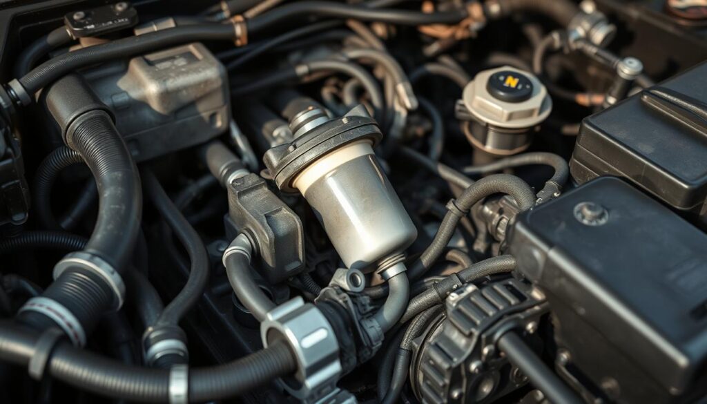 A detailed, well-lit photograph of a car's engine bay, showcasing the location of the fuel filter. The filter should be prominently featured, surrounded by the intricate network of hoses, wires, and components that make up the engine's fuel system. The image should have a clean, technical aesthetic, with the filter's position and accessibility clearly visible. Lighting should be directional, casting subtle shadows to highlight the filter's form and integration within the engine compartment. The overall composition should provide a clear, informative view that would be useful for a step-by-step guide on replacing a car's fuel filter.