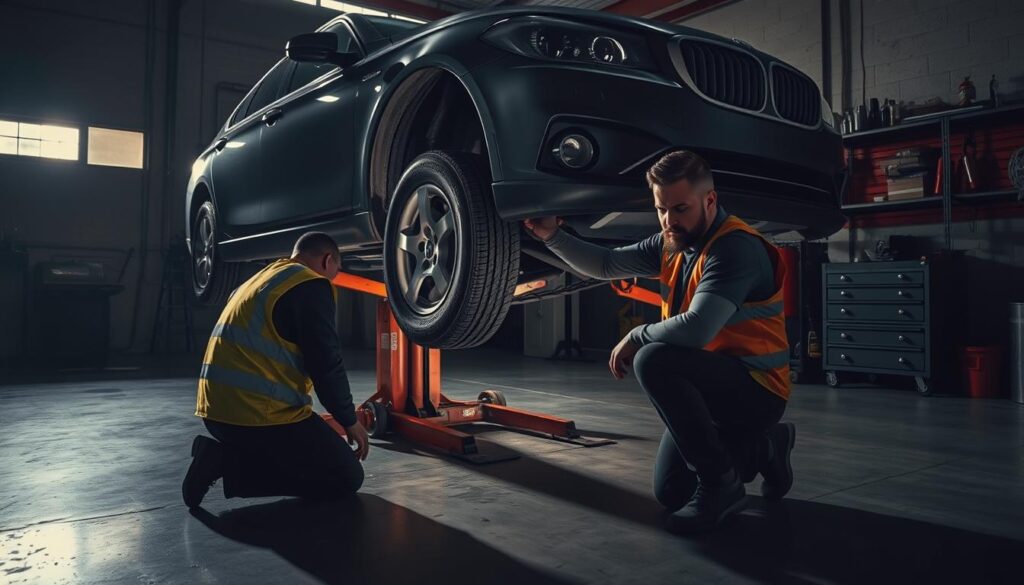 A dimly lit auto shop, oil-stained concrete floor and tools lining the walls. In the center, a car is raised on a hydraulic jack, its front tire removed. A mechanic in a reflective safety vest kneels beside the car, examining the tire with a serious expression. The lighting casts long shadows, creating a sense of caution and importance. The atmosphere is one of focused professionalism, underscoring the need for proper tire change procedures. The mechanic's face is obscured, emphasizing the technical details over the human element.