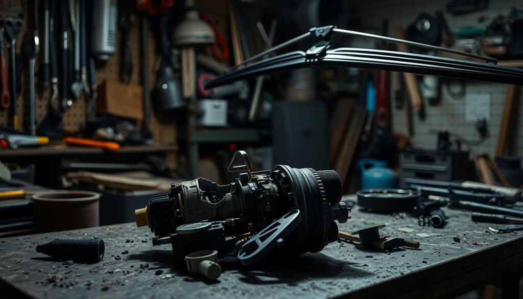 A dimly lit workshop, scattered with tools and automotive parts. In the foreground, a dismantled windshield wiper motor lies on a workbench, its components disassembled and strewn about in a haphazard manner. The lighting casts dramatic shadows, highlighting the intricate inner workings of the motor. In the background, a partially reassembled wiper assembly hangs precariously, suggesting a failed attempt at repair. The overall scene conveys a sense of frustration and the consequences of common DIY mistakes when attempting to fix a malfunctioning windshield wiper system.