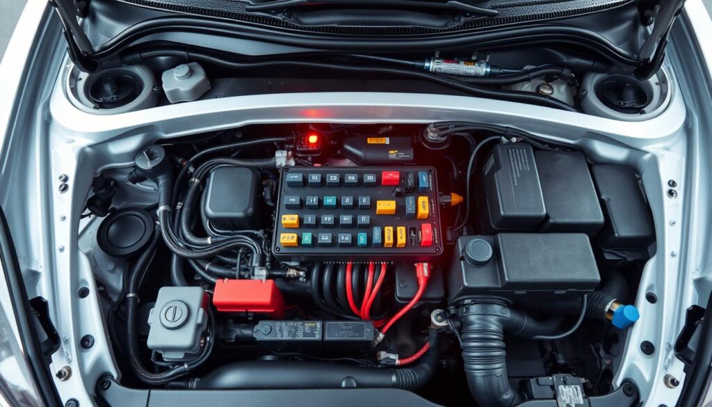 A high-quality, detailed image of the interior of a car's engine bay, with a focus on the fuse box location. The fuse box should be prominently displayed, surrounded by the surrounding components and wiring for context. The lighting should be bright and evenly distributed, allowing for clear visibility of the fuse box and its surroundings. The camera angle should be slightly elevated, providing a clear, unobstructed view of the fuse box's position. The overall mood should be one of technical precision and clarity, reflecting the informative nature of the article section.