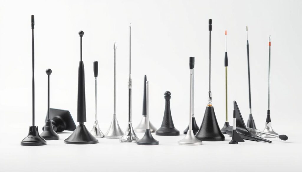 A high-quality, detailed image of various car antennas in a well-lit, clean studio setting. The antennas should be the main focus, arranged in the foreground with a plain white or light grey background. Capture the diverse shapes, sizes, and styles of different antenna types, such as aerial, shark fin, and rod antennas, showcasing their unique designs and materials. Ensure the lighting is soft and evenly distributed, highlighting the textures and subtle details of the antennas. The camera should be positioned at a slightly elevated angle to provide a clear, unobstructed view of the subject matter. The overall mood should be one of technical precision and visual clarity, conveying the informative nature of the content.