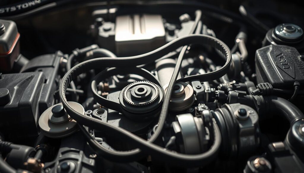 A highly detailed, close-up view of a car's engine bay, showcasing the intricate placement and routing of the serpentine belt. The belt weaves gracefully through various pulleys, tensioners, and components, creating a visually striking, technical composition. Crisp lighting from above illuminates the scene, casting dramatic shadows and highlighting the belt's contours. The background is slightly blurred, keeping the focus on the central serpentine belt system. The image conveys a sense of precision and mechanical complexity, suitable for illustrating the "Installing the New Serpentine Belt" section of the DIY guide.