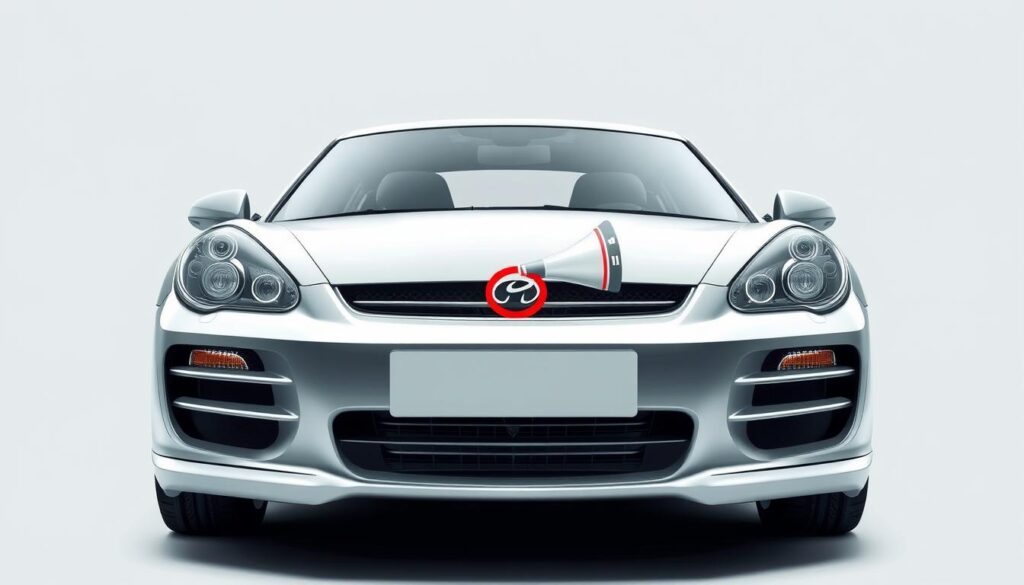 A highly detailed, technical diagram of the car horn location, showing the precise position of the horn on the vehicle's front-end, captured from a slightly elevated angle with crisp focus and perfect lighting to emphasize the intricate components. The diagram should be rendered in a clean, minimalist style with a muted color palette, conveying a sense of professionalism and functionality befitting a DIY guide. The background should be a plain, neutral tone to keep the attention solely on the informative diagram.