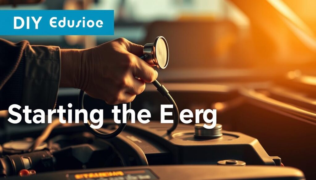 A mechanic's hand holding a stethoscope pressed against the engine block of a car, capturing the critical moment of listening for engine noises. The scene is illuminated by warm, focused lighting, creating a sense of intent and purpose. The car's interior is blurred in the background, emphasizing the mechanic's focused attention. The image conveys the process of troubleshooting and diagnosing potential issues, essential for the "Starting the Engine" section of the DIY guide.