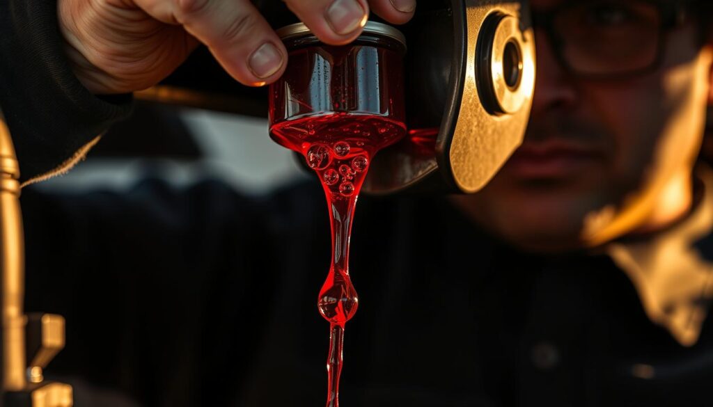 A mechanic's hands carefully guiding a brake fluid reservoir, gravity gently pulling the crimson liquid down transparent tubing, air bubbles rising to the surface in a captivating dance. The scene is bathed in warm, golden light, the intensity of the process palpable. The mechanic's face remains obscured, highlighting the focus and precision required. Shadows and highlights create depth, while the technical equipment blends seamlessly into the overall composition. This gravity bleeding process conveys the importance of maintaining a vehicle's braking system without specialized tools.