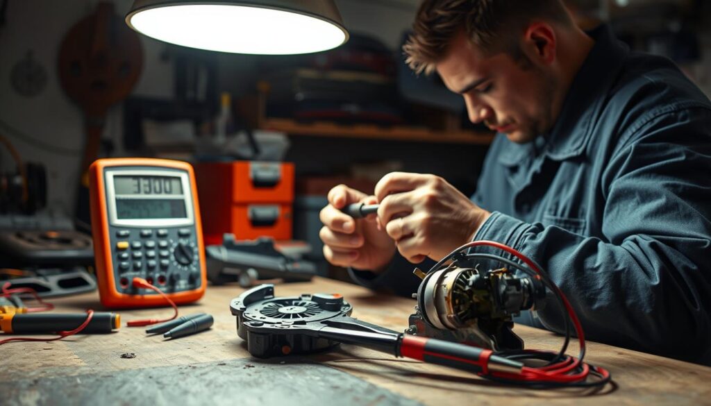 A mechanic's workbench, well-lit by a bright overhead lamp, displays a multimeter and a disassembled wiper motor. The motor's components are meticulously arranged, ready for thorough examination. The mechanic, their face obscured, carefully tests the motor's electrical connections, seeking to pinpoint any issues that may be causing the windshield wipers to malfunction. The scene conveys a sense of focused determination, as the mechanic methodically troubleshoots the problem, determined to restore the wiper system to full functionality.