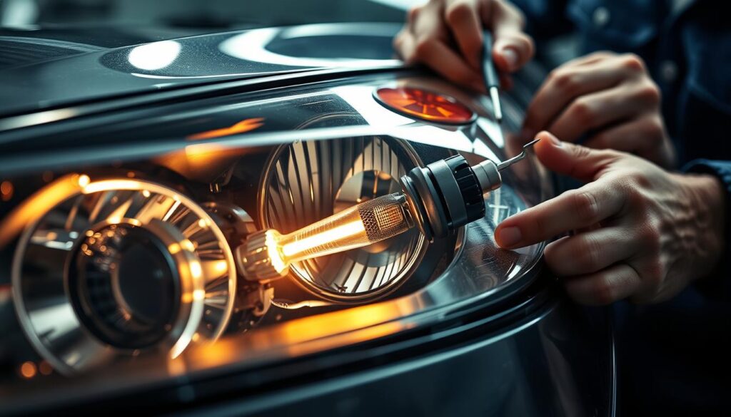 A meticulously detailed close-up view of a car headlamp undergoing repair. The foreground depicts the intricate components of the headlight, including the bulb, reflector, and lens, all illuminated by a soft, warm lighting. The middle ground showcases the mechanic's hands skillfully working on the headlamp, with precision tools and a focused expression. The background is blurred, creating a sense of depth and emphasizing the technical nature of the task at hand. The overall mood is one of concentration and attention to detail, reflecting the importance of avoiding common mistakes when replacing a car headlight bulb.