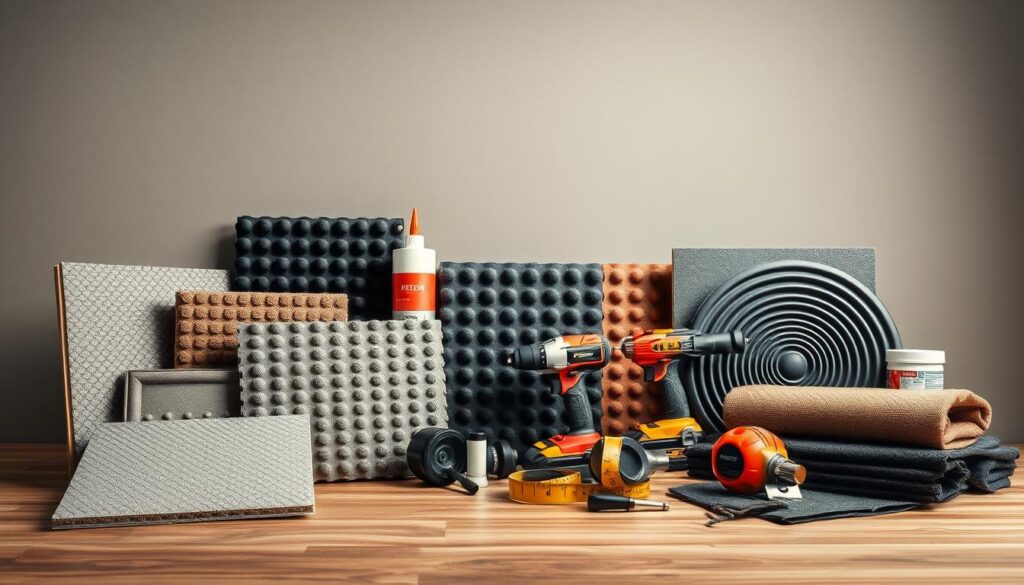 A meticulously detailed view of various DIY soundproofing materials and tools, arranged in a visually appealing still life composition. The foreground features an assortment of acoustic tiles, mass-loaded vinyl, and other sound-dampening products, strategically positioned to showcase their textures and properties. The middle ground showcases power tools and installation equipment, such as a saw, adhesive, and measuring tape, conveying the practical aspects of the DIY process. The background subtly fades into a muted, neutral tone, creating a sense of focus on the central elements. Soft, natural lighting illuminates the scene, emphasizing the materiality and highlighting the cost-effective nature of the DIY soundproofing approach. The overall mood is one of informative practicality, inviting the viewer to consider the accessibility and affordability of creating a quieter car cabin.