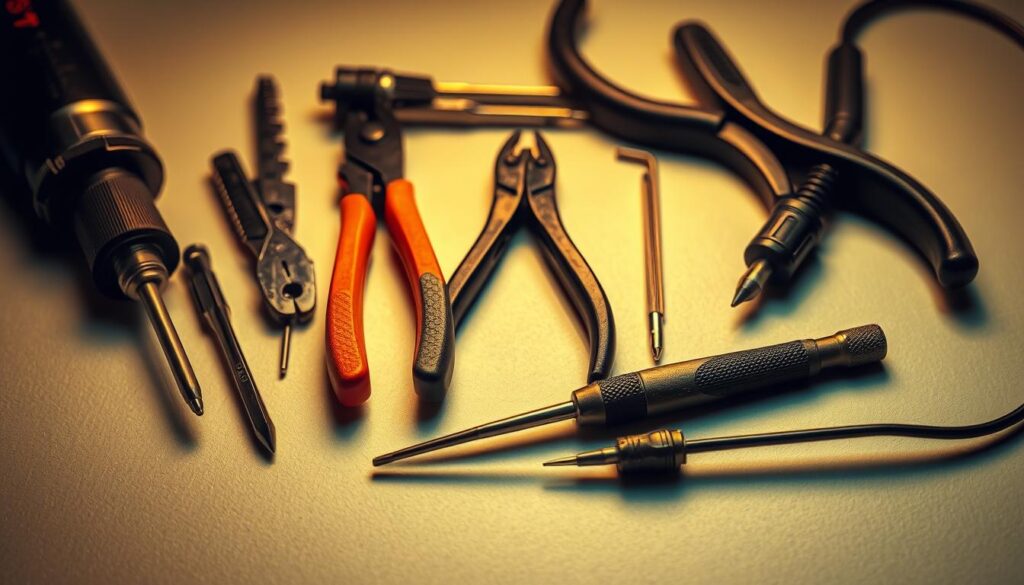 A meticulously organized collection of car horn replacement tools, including a screwdriver set, pliers, wire cutters, and a soldering iron, all cast in a warm, soft-focus lighting that highlights the intricate details. The tools are arranged on a clean, neutral surface, creating a sense of precision and attention to detail. The overall mood is one of diligent preparation, conveying the importance of using the right tools for the job at hand.