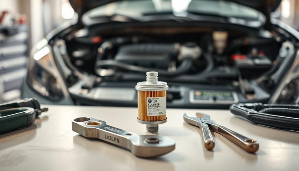 A neatly arranged set of automotive tools and supplies for replacing a car's fuel filter. In the foreground, a wrench, pliers, and a new fuel filter lie on a clean, well-lit workbench. In the middle ground, a partially disassembled engine bay reveals the fuel system components. The background is softly blurred, suggesting a clean, organized workshop environment with natural lighting filtering in from the side. The scene conveys a sense of focus, precision, and the satisfaction of a successful DIY automotive repair.