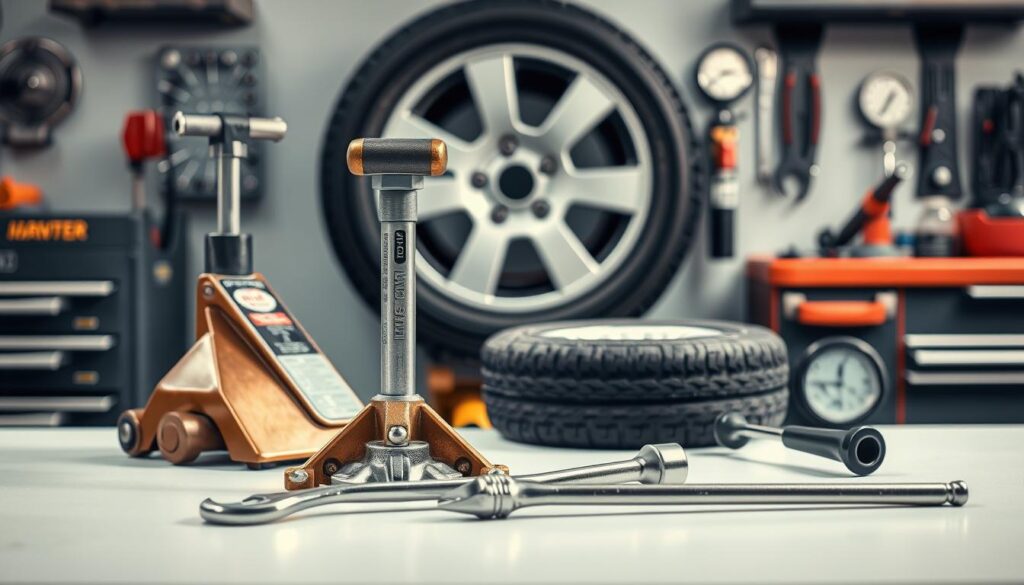 A neatly arranged set of essential tire changing tools on a clean, well-lit workbench. In the foreground, a hydraulic floor jack, a lug wrench, and a tire iron stand out with their metallic sheen. In the middle ground, a spare tire, a torque wrench, and a tire pressure gauge are visible, their functions clearly displayed. The background features a toolbox, a tire inflator, and other relevant items, all bathed in soft, diffused lighting that creates a sense of order and professionalism. The overall composition conveys the idea of a well-equipped, organized workspace dedicated to the safe and efficient changing of a flat tire.