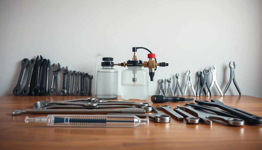 A neatly arranged table showcasing a set of DIY brake bleeding tools. In the foreground, a clear plastic syringe, a clear plastic tube, and a collection of various sized wrenches and pliers are meticulously displayed. In the middle ground, a brake fluid reservoir and a pressure bleeder kit are prominently featured, illuminated by soft, natural lighting. The background features a plain, light-colored wall, creating a clean and minimalist composition that emphasizes the tools and their intended purpose. The overall mood is one of functionality and professionalism, inviting the viewer to imagine the successful completion of a DIY brake bleeding project.