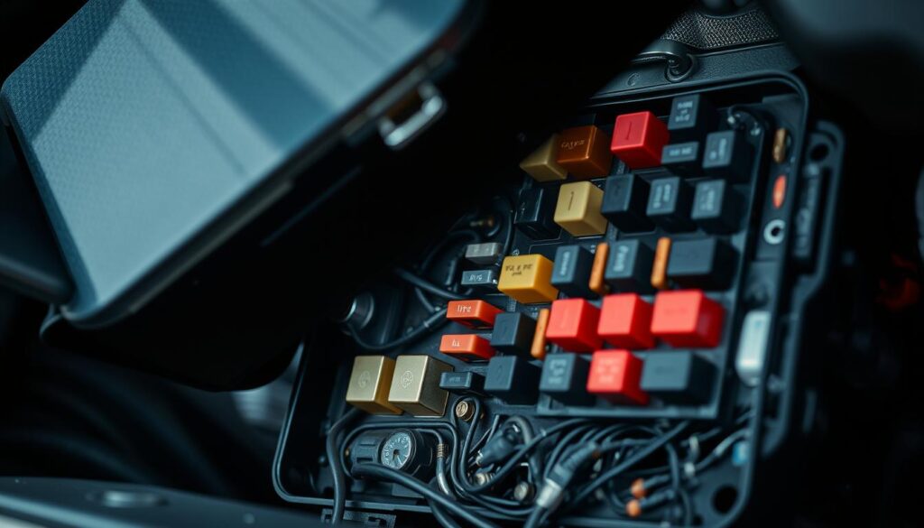 A neatly organized car fuse box, with the cover removed, revealing a labyrinth of fuses and circuits. Bright, directional lighting casts shadows, highlighting the intricate wiring and metal components. The scene exudes a sense of mechanical precision, inviting the viewer to carefully examine the complex yet organized system. The background is slightly blurred, keeping the focus on the detailed fuse box. The image conveys the delicate nature of automotive electrical systems and the importance of understanding them when attempting repairs.
