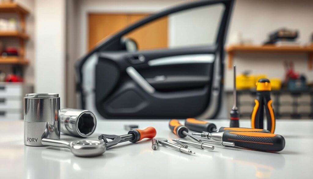 A neatly organized set of DIY power window repair tools on a clean, well-lit workbench. In the foreground, a socket wrench, pliers, and screwdrivers of various sizes are arranged with precision. In the middle ground, a car door panel sits open, revealing the inner mechanisms of the power window system. The background is slightly blurred, showcasing the tools in focus and emphasizing their importance. The lighting is soft and even, creating a professional, instructional atmosphere. The overall scene conveys a sense of functionality and attention to detail, suitable for illustrating a guide on power window repair.