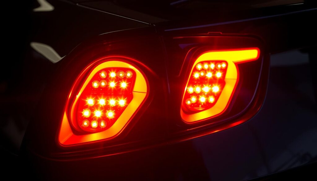 A pair of sleek, modern LED tail lights glowing with a warm, vibrant amber hue. The lights are set against a dark, glossy car body, creating a striking contrast. The tail lights are designed with a sharp, angular shape, their translucent lenses catching the light and refracting it in a mesmerizing display. The lighting is even and consistent, suggesting high-quality engineering and attention to detail. The scene is well-lit, allowing the viewer to appreciate the intricate design and technical features of the tail lights. The overall mood is one of sophistication and technological advancement, perfectly suited for showcasing the latest advancements in automotive lighting.