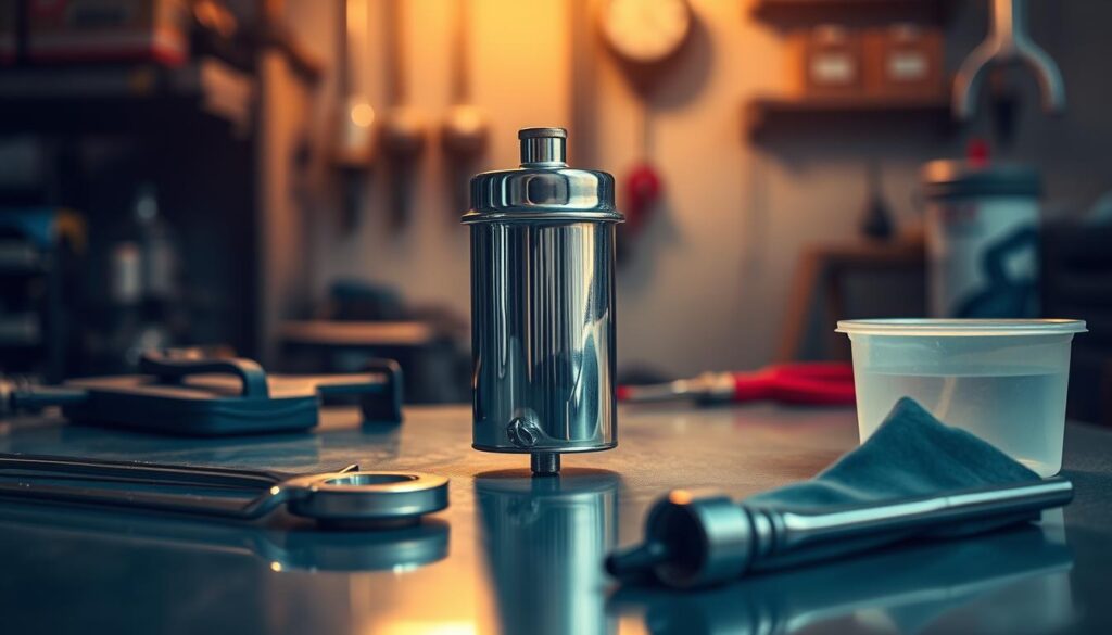 A precision-engineered replacement fuel filter, its metallic casing gleaming under the soft, warm lighting of a well-equipped garage. The filter sits atop a clean, polished surface, surrounded by the necessary tools for a seamless installation - a wrench, a rag, and a container to catch any residual fuel. The image conveys a sense of expertise and attention to detail, reflecting the care and expertise required to properly maintain a vehicle's fuel system.