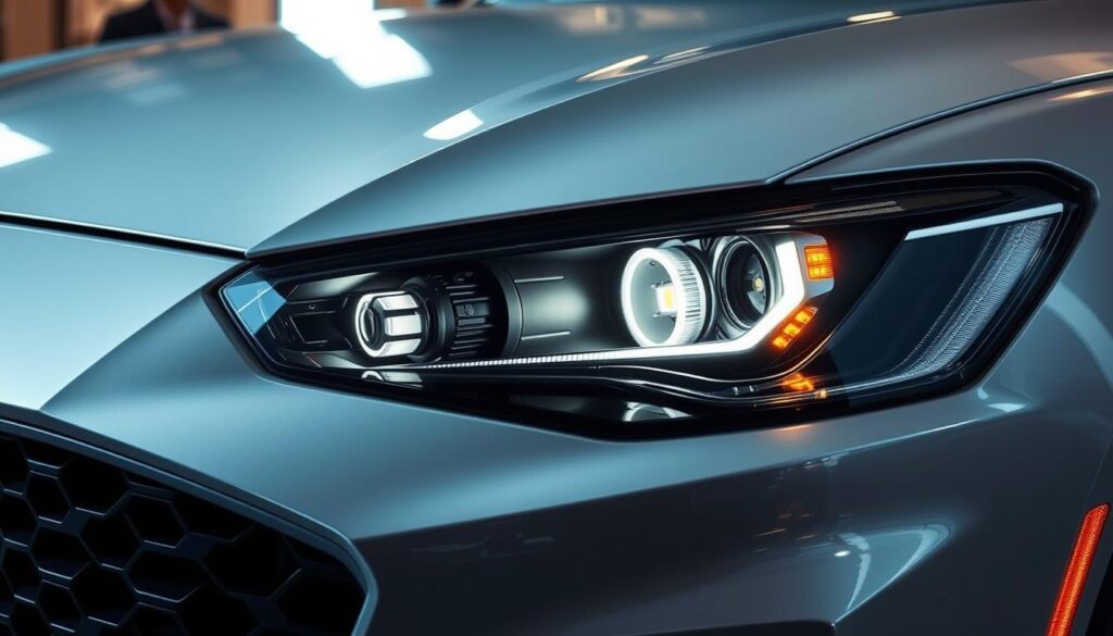 A sleek and modern car's headlight upgrade, with the front grille and bumper clearly visible. The headlight housing is open, revealing the intricate components within - the LED bulb, reflector, and lens. The lighting is dramatic, with a mix of cool and warm tones creating a sense of depth and dimension. The overall mood is one of technical precision and visual interest, inviting the viewer to consider the cost and effort involved in upgrading a car's headlights.