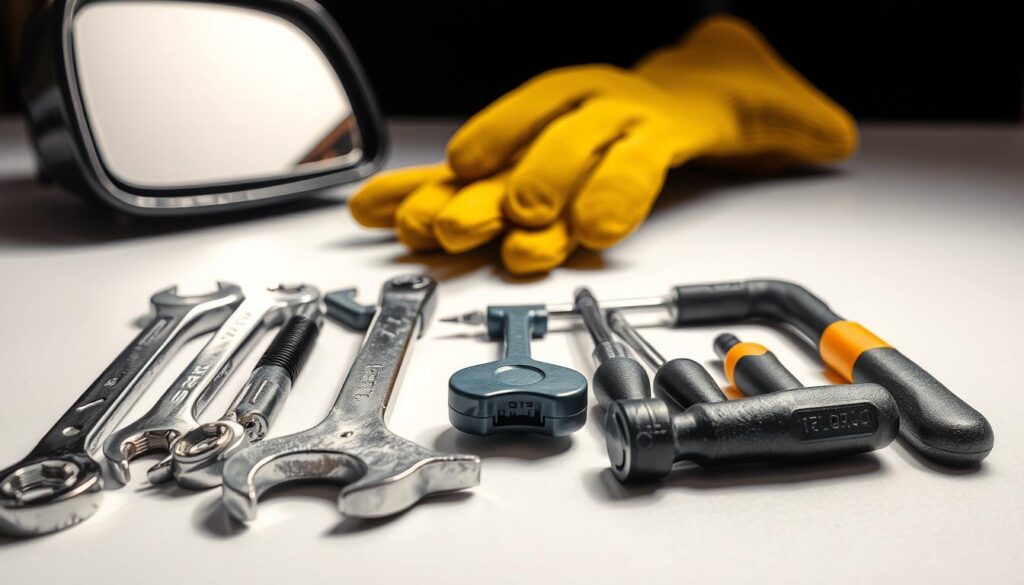 A tidy arrangement of essential tools for DIY side mirror replacement: a set of wrenches and screwdrivers in the foreground, a small mirror removal tool in the center, and a pair of protective gloves in the background. The lighting is bright and even, creating clear, detailed shadows that highlight the textures and materials of the tools. The camera angle is straight-on, emphasizing the functional nature of the scene. The overall mood is one of organized preparedness, conveying the confidence and capability required for a successful DIY side mirror repair. A tidy arrangement of essential tools for DIY side mirror replacement: a set of wrenches and screwdrivers in the foreground, a small mirror removal tool in the center, and a pair of protective gloves in the background. The lighting is bright and even, creating clear, detailed shadows that highlight the textures and materials of the tools. The camera angle is straight-on, emphasizing the functional nature of the scene. The overall mood is one of organized preparedness, conveying the confidence and capability required for a successful DIY side mirror repair.