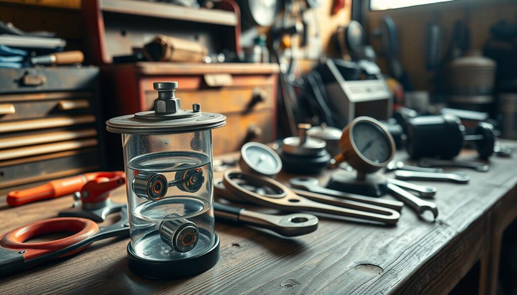 A well-lit close-up of a DIY fuel filter test setup on a wooden workbench. In the foreground, a transparent fuel filter housing filled with clear liquid, allowing the viewer to see the inner components. In the middle ground, an array of hand tools like pliers, wrenches, and a fuel pressure gauge, neatly arranged. The background features a vintage toolbox and a selection of automotive parts, conveying a sense of a well-equipped home garage. The lighting is warm and natural, creating subtle shadows and highlights that accentuate the textures and details of the objects. The overall atmosphere is one of a hands-on, methodical approach to automotive maintenance.
