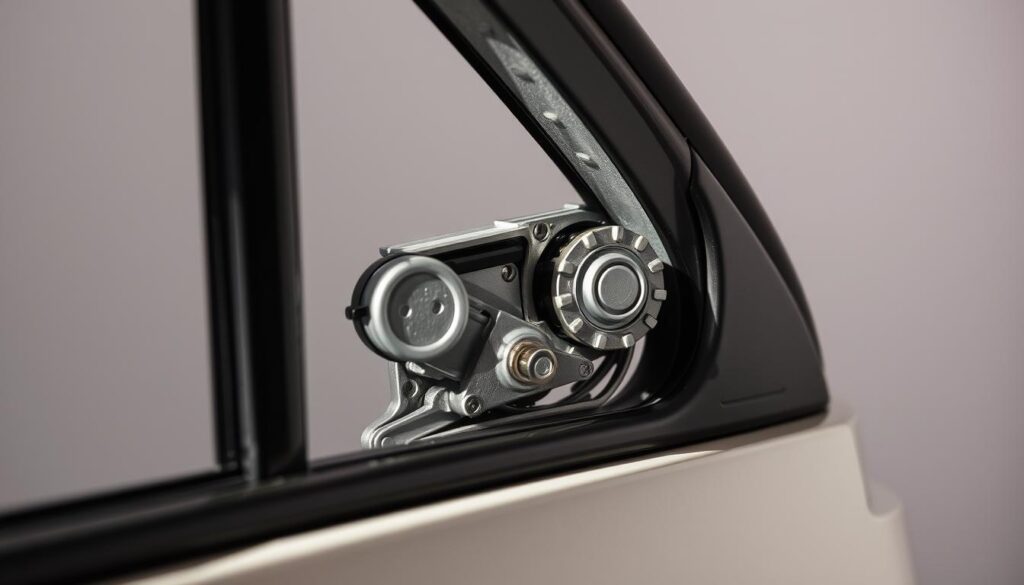 A well-lit close-up of a car's power window mechanism, showcasing its intricate components. The frame is illuminated from the side, casting dramatic shadows and highlighting the metallic textures. The window regulator, motor, and gears are the focal points, displayed in a clean, technical manner that conveys a sense of precision engineering. The background is a soft, muted tone, allowing the subject to stand out. The overall mood is one of thoughtful examination, inviting the viewer to study the inner workings of the power window system.