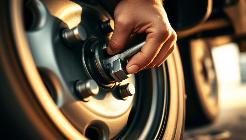 A well-lit close-up of a person's hands loosening the lug nuts on a vehicle's wheel. The hands are gripping a lug wrench, with the wheel and tire visible in the foreground. The background is blurred, drawing the focus to the detailed mechanics of the task at hand. The lighting is warm and natural, casting subtle shadows that highlight the texture of the person's skin and the metal components. The overall mood is one of focused, hands-on DIY work, conveying the essential steps in the process of removing a flat tire.