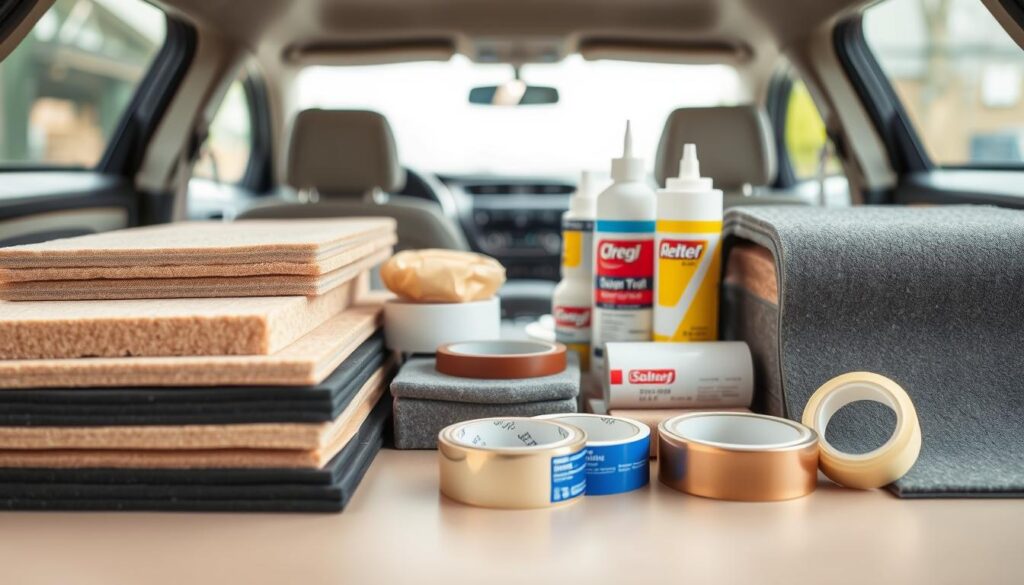A well-lit, close-up photograph of various car soundproofing materials arranged neatly on a clean, neutral-colored surface. The foreground features a selection of sound-absorbing foam panels, vibration-damping mats, and butyl-based damping sheets in different thicknesses and textures. The middle ground showcases adhesive tapes and sealants used to install the materials. The background subtly suggests the interior of a car, hinting at the application context, with a soft, out-of-focus blur. Lighting is natural and even, highlighting the details and materials. The overall mood is informative and practical, conveying the essential elements of effective car soundproofing.