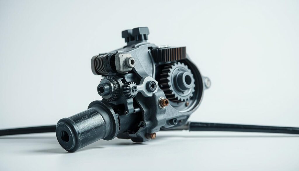 A well-lit, close-up view of a disassembled windshield wiper motor, showcasing its inner workings. The motor's gears, shafts, and brushes are prominently displayed, allowing for a detailed examination of the mechanical components. The scene is set against a clean, neutral background, drawing the viewer's attention to the intricate engineering of the device. Soft shadows and subtle highlights accentuate the textures and contours of the parts, providing a sense of depth and dimension. The overall mood is one of technical precision and problem-solving, hinting at the diagnostic process involved in repairing this critical automotive component.