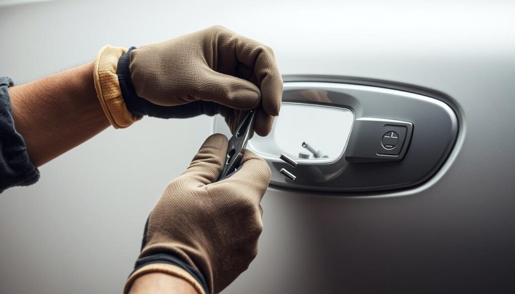 A well-lit, detailed close-up image of a person's hands repairing a car door handle. The scene is set against a plain, neutral background with soft, diffused lighting to highlight the intricate repair process. The hands should be wearing a pair of sturdy, work-appropriate gloves, showcasing the various tools and parts needed for the repair, such as screwdrivers, pliers, and replacement components. The focus should be on the hands themselves, with the face obscured to maintain the instructional nature of the image. The overall mood should convey a sense of care, focus, and technical expertise in tackling this common automotive repair task. A well-lit, detailed close-up image of a person's hands repairing a car door handle. The scene is set against a plain, neutral background with soft, diffused lighting to highlight the intricate repair process. The hands should be wearing a pair of sturdy, work-appropriate gloves, showcasing the various tools and parts needed for the repair, such as screwdrivers, pliers, and replacement components. The focus should be on the hands themselves, with the face obscured to maintain the instructional nature of the image. The overall mood should convey a sense of care, focus, and technical expertise in tackling this common automotive repair task.