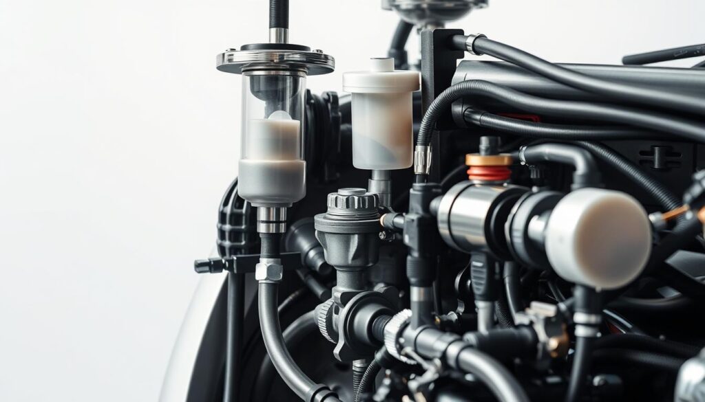 A well-lit, detailed close-up of a car's fuel system components, including the fuel pump, fuel lines, fuel filter, and fuel injectors. The image has a technical, mechanical focus, with a clean, neutral background that emphasizes the intricate details of the system. The lighting is bright and directional, casting shadows that highlight the dimensional aspects of the parts. The camera angle is slightly elevated, providing a comprehensive view of the system's layout and interconnected nature. The overall mood is one of precision and functionality, conveying the importance of properly maintaining this critical subsystem.