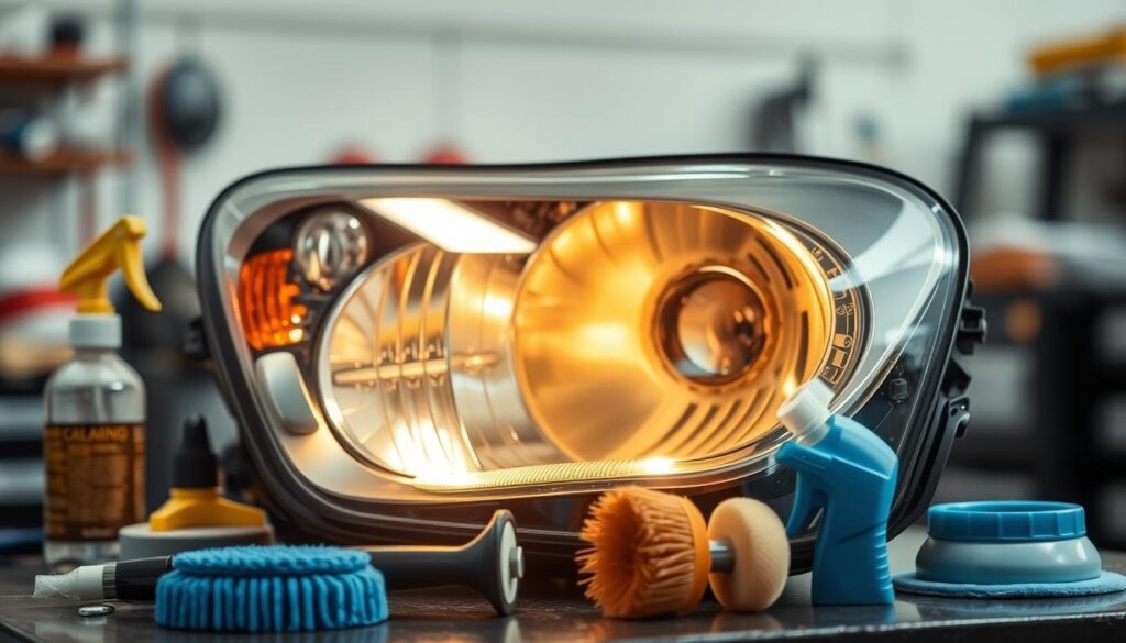 A well-lit, detailed image of a professional-grade headlight restoration service. The scene shows a car's headlight on a workbench, with a variety of cleaning tools and polishing supplies arranged neatly around it. The lighting is bright and even, casting a warm glow on the headlight's surface. The background is blurred, suggesting a clean, organized workshop setting. The headlight's lens appears hazy and yellowed, indicating the need for restoration. The prompt aims to convey the process of restoring a headlight to its original clarity and brightness.