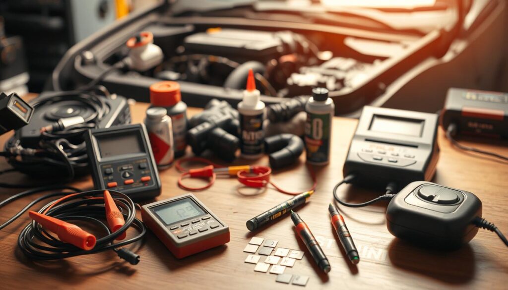 A well-lit, detailed tabletop scene showcasing various tools and devices for troubleshooting a car that won't start in cold weather. In the foreground, a set of jumper cables, a multimeter, and a spark plug tester are neatly arranged. In the middle ground, a mechanic's work gloves, a can of starting fluid, and a battery charger are positioned. The background features a partially disassembled car engine, hinting at the diagnostic process. Soft, warm lighting illuminates the scene, creating a sense of focus and problem-solving. The overall mood is one of technical precision and a methodical approach to resolving the cold weather starting issue.