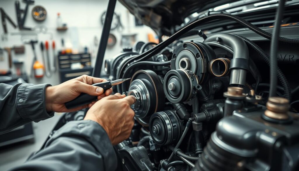 A well-lit, detailed workshop scene capturing the intricate process of serpentine belt removal on a car engine. The foreground features the mechanic's hands carefully navigating the tight spaces, disconnecting the serpentine belt with precision tools. The middle ground showcases the exposed engine components, including the pulleys, tensioner, and the serpentine belt itself. The background provides a clean, organized workspace with various tools and equipment, conveying a sense of professionalism and attention to detail. The lighting is soft and directional, accentuating the textures and shadows to create a sense of depth and atmosphere. The entire scene exudes a calm, methodical mood, perfectly suited for a DIY guide on serpentine belt replacement.