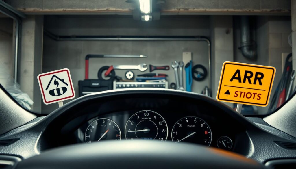 A well-lit garage interior with a car's dashboard in the foreground, showcasing various car AC repair signs and indicators. The dashboard displays a temperature gauge, airflow control knobs, and other diagnostic components. In the middle ground, a mechanic's toolbox and a set of wrenches are visible, hinting at the necessary repairs. The background depicts the garage's concrete walls and dimly lit workbench, creating a sense of a professional automotive repair setting. The lighting is bright and directional, highlighting the key details of the car's AC system and the repair tools. The overall mood is one of a focused, problem-solving atmosphere, conveying the need for a skilled mechanic to diagnose and fix the car's AC issues.