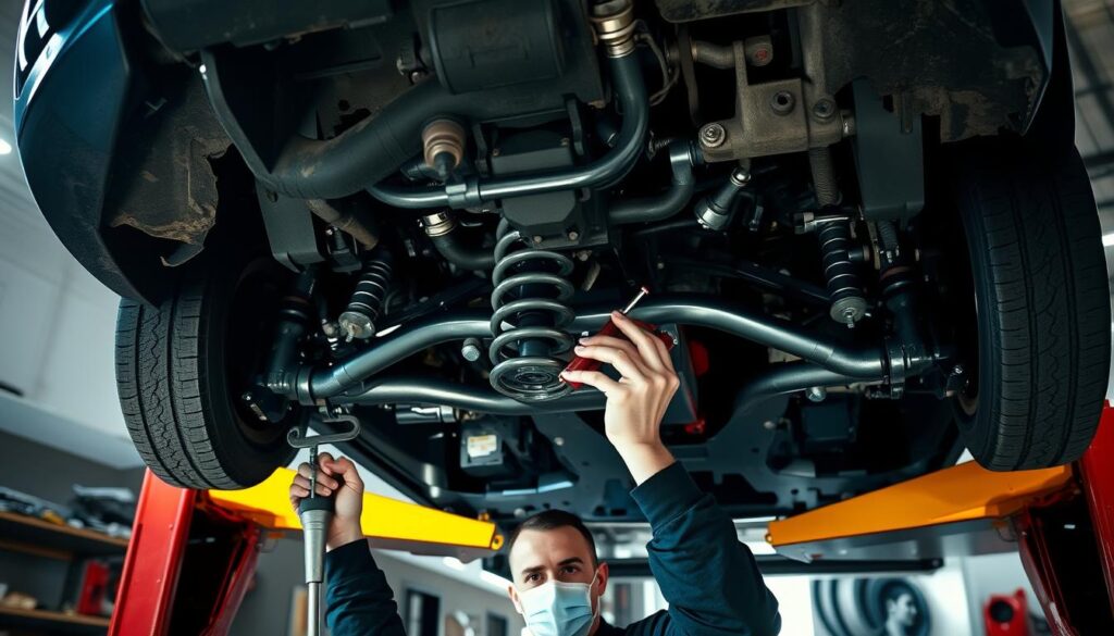 A well-lit garage interior, with a car's suspension system in the foreground. A skilled mechanic inspects the suspension components, including shock absorbers, control arms, and ball joints, using specialized tools. The car is lifted on a hydraulic lift, providing a clear view of the undercarriage. The lighting casts long shadows, emphasizing the intricate structure of the suspension. The atmosphere is one of focused analysis, with the mechanic's face obscured to maintain privacy. The image conveys the technical expertise required to diagnose and address suspension system concerns.