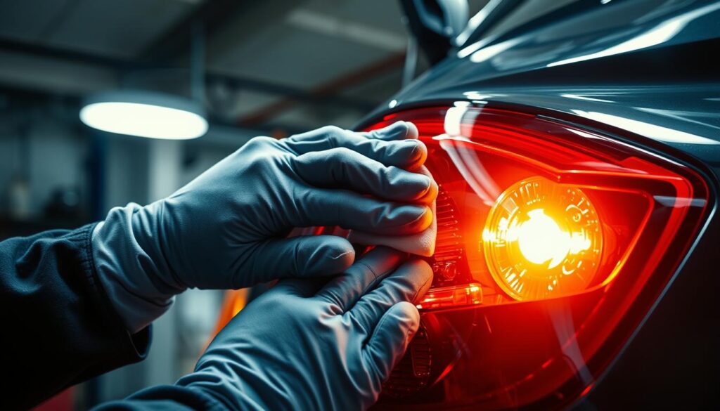 A well-lit garage interior, with a car's tail light assembly in the foreground. The mechanic's hands, wearing work gloves, are carefully polishing the lens with a soft cloth, removing any dirt or grime. The bright work lamp illuminates the task, casting a warm, focused light on the intricate details of the tail light. The background is slightly blurred, emphasizing the task at hand. The mood is one of diligence and attention to detail, as the mechanic meticulously maintains the car's lighting system.