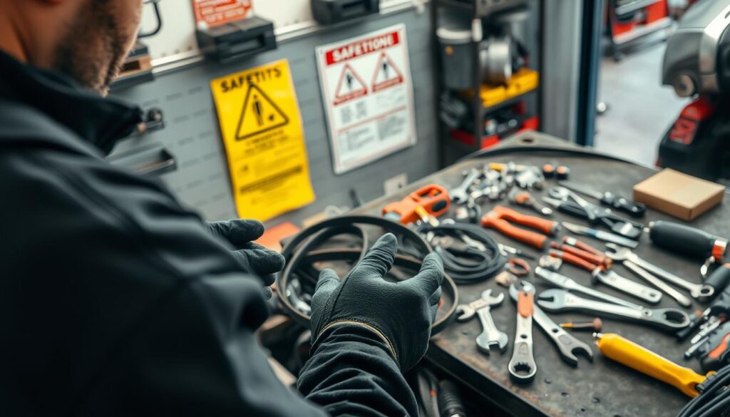 A well-lit, high-angle shot of a detailed mechanic's workspace, showcasing a car's serpentine belt and the necessary tools for its replacement. In the foreground, a pair of gloved hands carefully inspecting the worn belt, with a concerned expression on the face, hidden from view. The middle ground features an array of wrenches, pliers, and other tools neatly organized on a workbench, with a safety poster prominently displayed on the wall, reminding the viewer of the importance of caution during the replacement process. The background subtly hints at the broader garage environment, with shelves of automotive parts and a partially visible vehicle, establishing the context for the safety-focused scene.