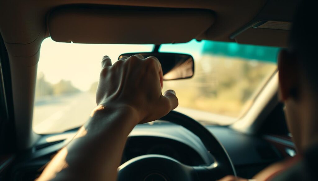 A well-lit, high-angle shot of a person's hand pressing down on the steering wheel, causing the car horn to emit a loud, piercing sound. The scene is set against a blurred background of the interior of a car, with the dashboard and windshield visible. The lighting is natural, with warm tones and soft shadows, creating a sense of depth and realism. The person's face is obscured, with only their hand and the car's interior visible, to maintain the focus on the action of testing the horn.