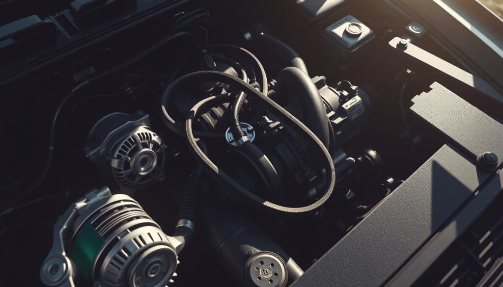 A well-lit, high-angle view of a car's engine bay, showcasing the intricate serpentine belt system. The belt snakes its way through various pulleys, tensioners, and components, such as the alternator, power steering pump, and air conditioning compressor. The lighting casts dramatic shadows, emphasizing the belt's sinuous path. The overall atmosphere is one of precision, maintenance, and the importance of regular serpentine belt inspections. The scene is devoid of any human presence, allowing the viewer to focus solely on the mechanical details.