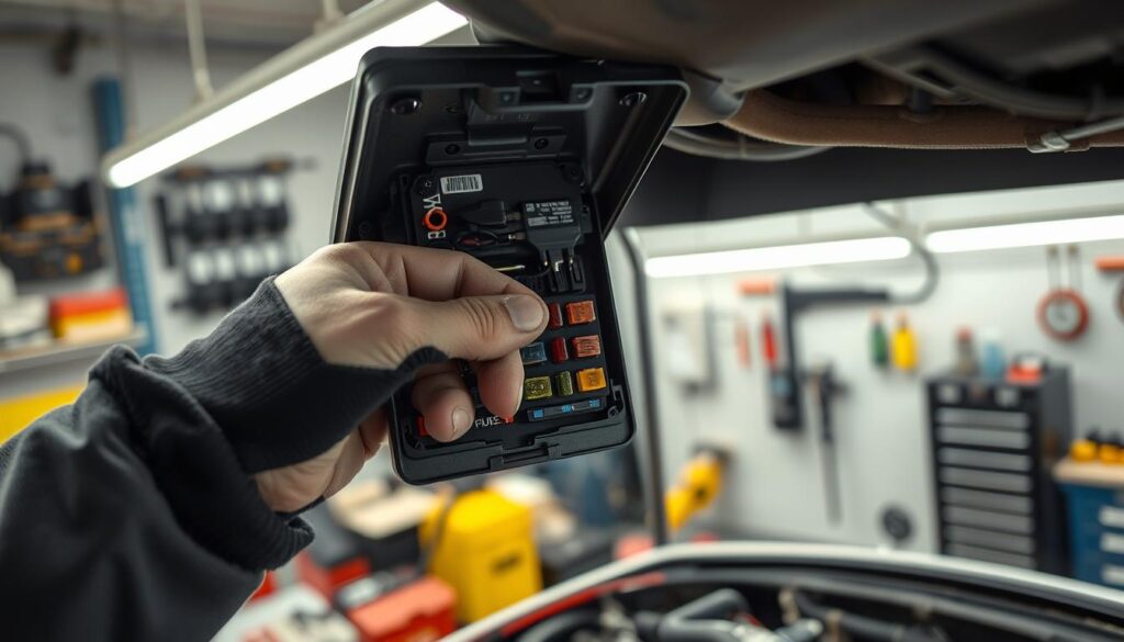 A well-lit, high-angle view of a mechanic's hand carefully replacing a car fuse in an open fuse box. The fuse box is prominently displayed, showcasing its intricate components and wiring. The hand, wearing a mechanic's glove, gently inserts the new fuse, with a focused expression on the mechanic's face. The background is a clean, organized automotive workshop, with various tools and equipment visible, conveying a sense of professionalism and attention to detail. The lighting is soft and directional, highlighting the delicate task at hand and creating a sense of calm and concentration.