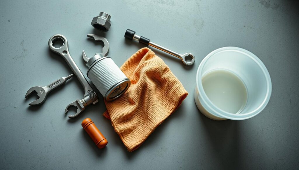 A well-lit, high-angle view of a meticulously arranged set of fuel filter replacement tools, including a fuel filter wrench, a torque wrench, a rag, and a clean container to catch any spilled fuel. The tools are neatly displayed on a clean, grey surface, creating a sense of order and professionalism. The lighting is soft and diffused, highlighting the tools' textures and details. The background is blurred, allowing the tools to be the focal point of the image, conveying the importance of having the right tools for the job.