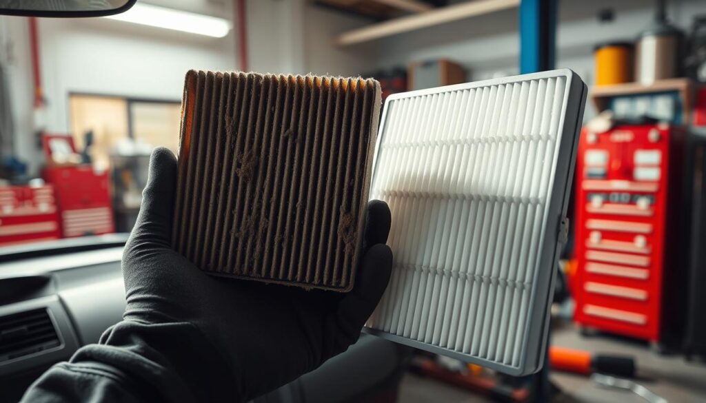 A well-lit, medium close-up shot of a car's cabin air filter, held in a mechanic's gloved hands. The filter appears dirty and clogged, contrasting with a clean, new replacement filter placed next to it on a clean, organized workbench. The scene is set in a bright, well-equipped auto repair shop, with various tools and equipment visible in the background, suggesting a professional, technical environment. The lighting is clear and directional, creating shadows that accentuate the filter's texture and condition. The overall mood is one of informative, educational focus, inviting the viewer to understand the importance of regular cabin air filter maintenance. A well-lit, medium close-up shot of a car's cabin air filter, held in a mechanic's gloved hands. The filter appears dirty and clogged, contrasting with a clean, new replacement filter placed next to it on a clean, organized workbench. The scene is set in a bright, well-equipped auto repair shop, with various tools and equipment visible in the background, suggesting a professional, technical environment. The lighting is clear and directional, creating shadows that accentuate the filter's texture and condition. The overall mood is one of informative, educational focus, inviting the viewer to understand the importance of regular cabin air filter maintenance.