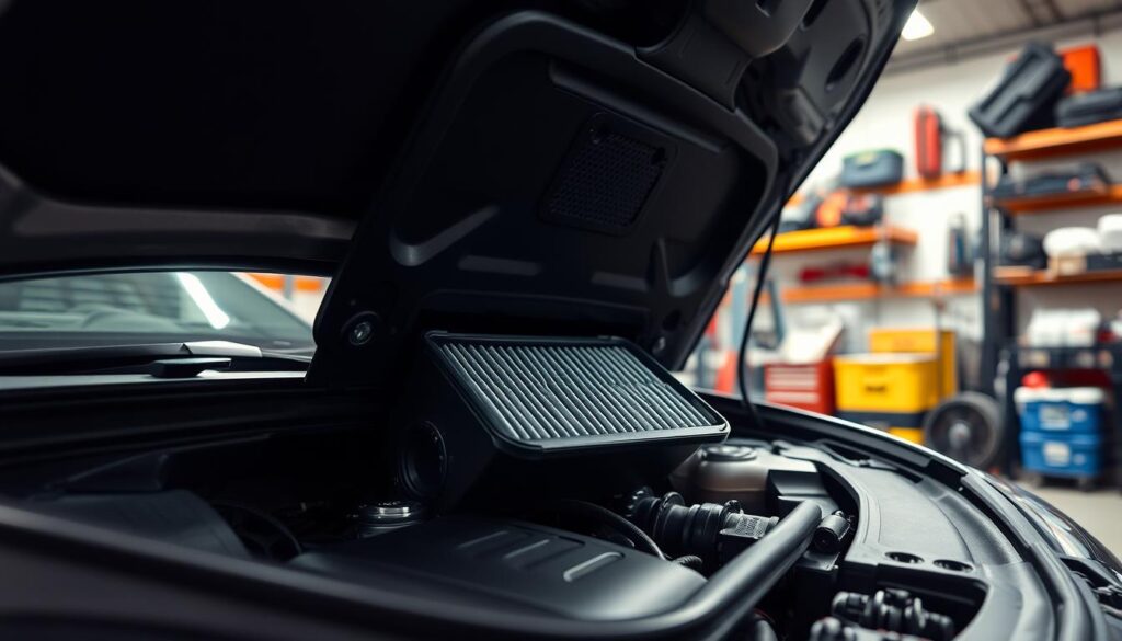 A well-lit workshop scene, centered on a car's engine bay with the cabin air filter housing in the foreground. The filter sits nestled in its compartment, ready to be accessed and replaced. The surrounding area is clean and organized, with various tools and automotive parts visible in the background, conveying a sense of a professional and efficient workspace. The lighting is bright and directional, casting shadows that highlight the intricate details of the filter and its surrounding components. The perspective is slightly elevated, providing a clear view of the filter's accessibility and the steps required for its replacement. A well-lit workshop scene, centered on a car's engine bay with the cabin air filter housing in the foreground. The filter sits nestled in its compartment, ready to be accessed and replaced. The surrounding area is clean and organized, with various tools and automotive parts visible in the background, conveying a sense of a professional and efficient workspace. The lighting is bright and directional, casting shadows that highlight the intricate details of the filter and its surrounding components. The perspective is slightly elevated, providing a clear view of the filter's accessibility and the steps required for its replacement.