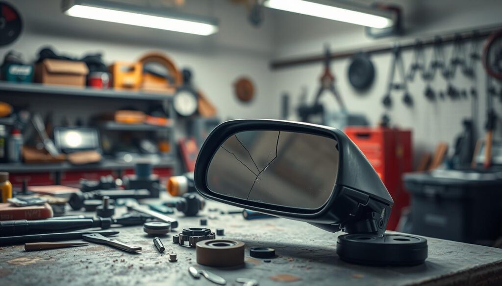 A well-lit workshop setting, a workbench with various tools and parts laid out neatly. In the foreground, a side mirror assembly is disassembled, components arranged in an organized manner. The mirror itself is cracked, highlighting the need for replacement. Soft, diffused lighting from overhead illuminates the scene, creating a sense of focus and attention to detail. In the background, shelves or storage units holding related automotive parts and accessories, suggesting a DIY automotive workspace. The overall mood is one of methodical problem-solving, with a sense of accomplishment about to be achieved. A well-lit workshop setting, a workbench with various tools and parts laid out neatly. In the foreground, a side mirror assembly is disassembled, components arranged in an organized manner. The mirror itself is cracked, highlighting the need for replacement. Soft, diffused lighting from overhead illuminates the scene, creating a sense of focus and attention to detail. In the background, shelves or storage units holding related automotive parts and accessories, suggesting a DIY automotive workspace. The overall mood is one of methodical problem-solving, with a sense of accomplishment about to be achieved.