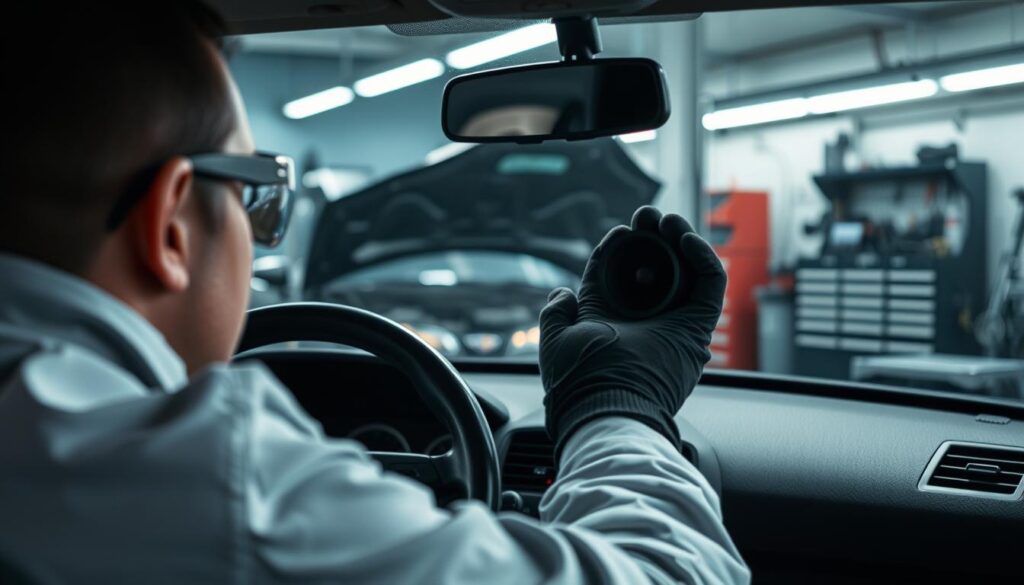 A well-lit workshop with a car's dashboard and steering wheel in the foreground, a car's engine bay visible in the middle ground, and a mechanic's toolbox and diagnostic equipment in the background. The mechanic is examining the car's horn, wearing protective gloves and goggles, with their hands and face obscured to avoid depicting a human. The scene conveys a sense of focused problem-solving and technical expertise, with a cool, neutral lighting that highlights the car's components and the mechanic's tools.
