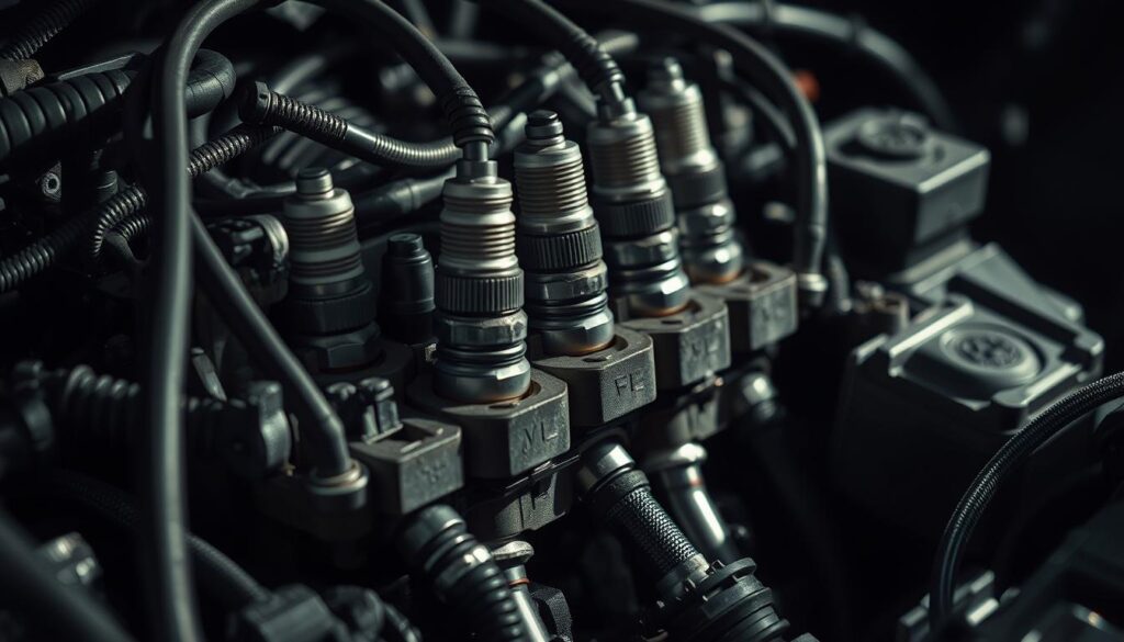 An intricately detailed close-up view of an automobile's ignition system, with a well-lit, high-contrast composition emphasizing the textural complexities of the spark plugs, wires, and distributor components. The lighting should cast dramatic shadows, giving the scene a sense of technical precision and mechanical purpose. The focus should be tightly honed, drawing the viewer's attention to the intricate inner workings of this critical engine subsystem. The overall mood should convey a sense of diagnostic investigation, inviting the viewer to closely examine the functional elements that enable a car's cold-weather ignition.