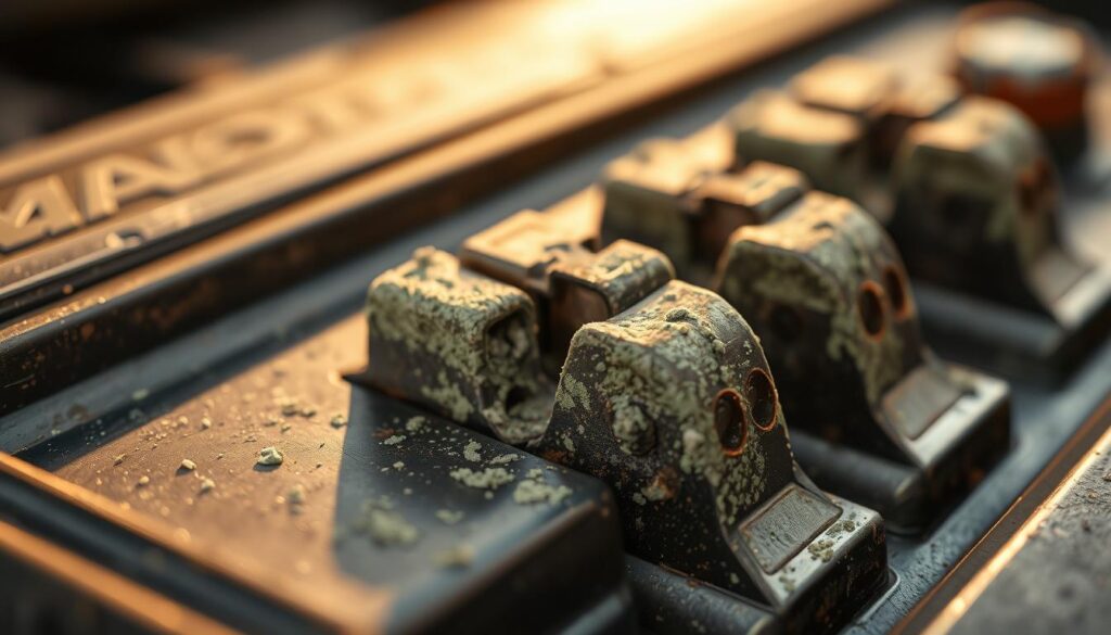 Detailed close-up image of car battery terminals with visible corrosion buildup. Metallic surface is covered in a greenish-white crusty layer. Soft warm lighting illuminates the scene, creating a sense of importance and focus on the problem. The background is blurred, keeping the attention on the corroded terminals in the foreground. Shot with a macro lens to capture the intricate textures and deterioration. Conveys the message that neglected battery terminals can lead to poor electrical connections and potential issues with the vehicle's electrical system.